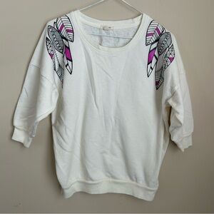 I Love H81 Vtg Y2K Aztec Southwestern Feather Design Short Sleeve Sweatshirt SzS